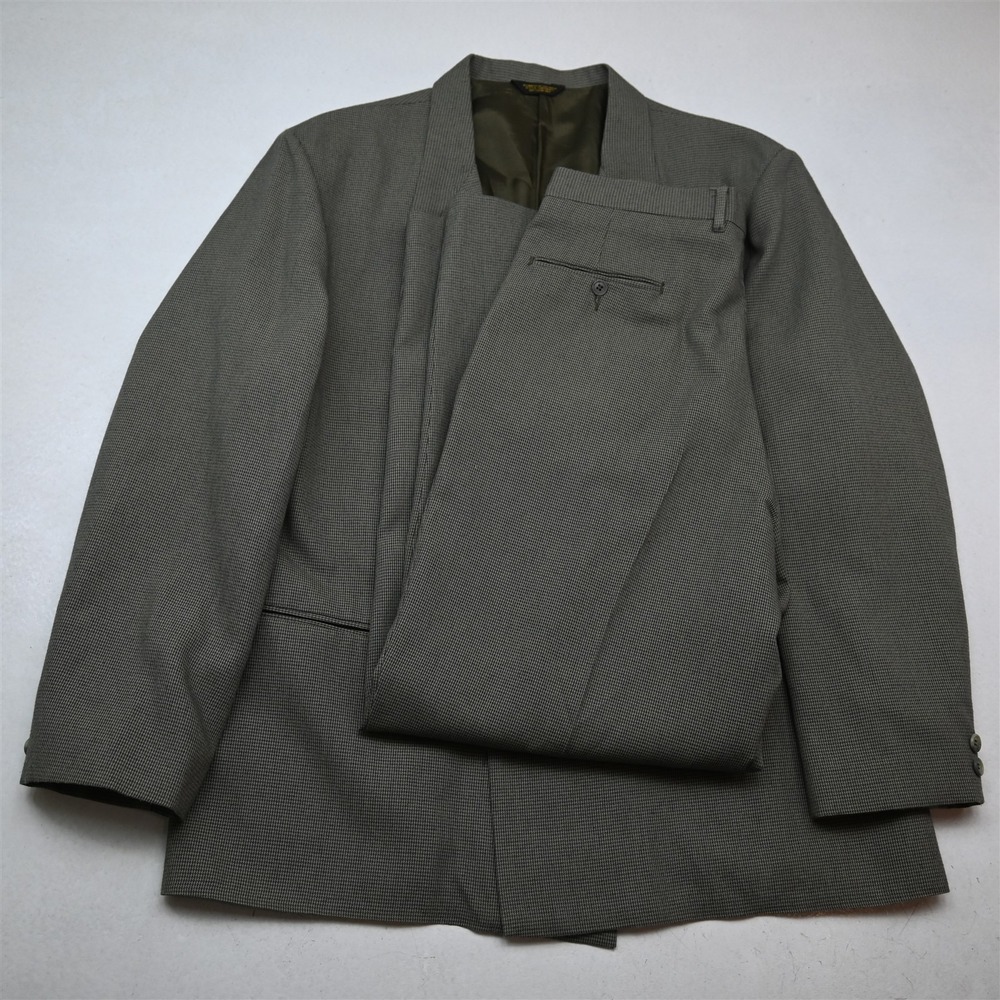 Vtg Double Breasted 44R 33x32 Gray Taupe Nailshead Wool Mens Jacket Pants Suit